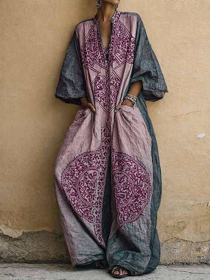 Élise - Combinaison en Lin Bohème Femme avec Broderies Mandala et Coupe Kaftan Maxi