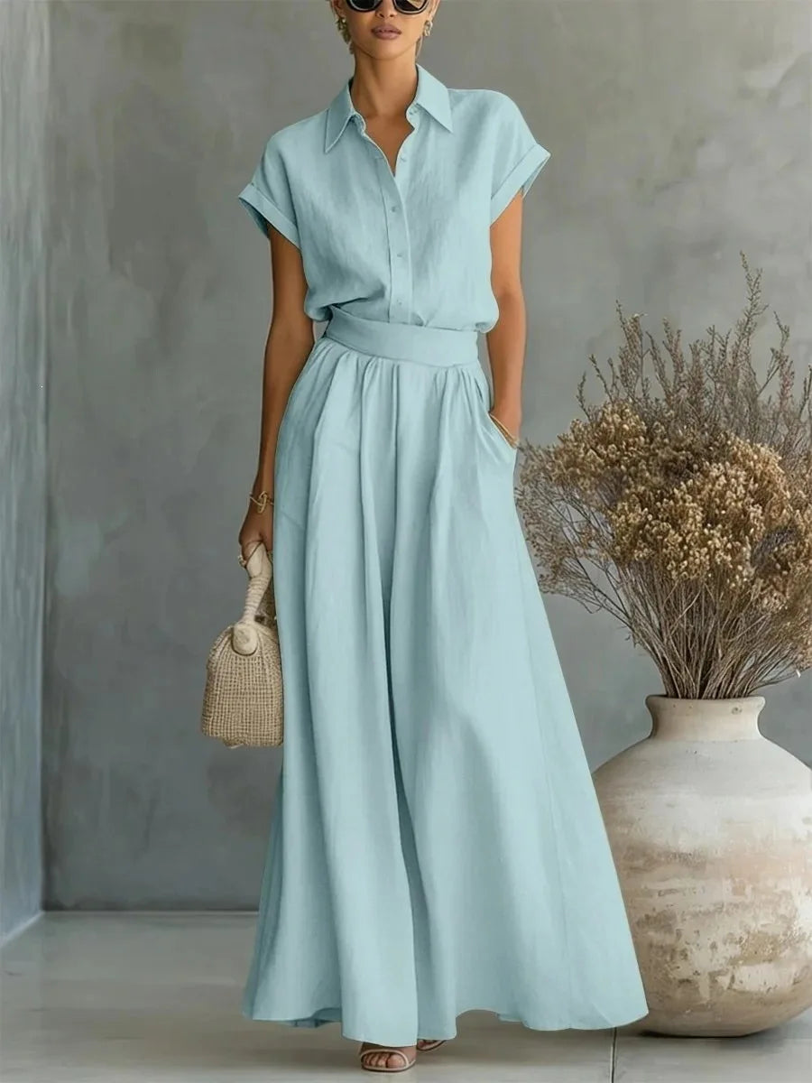 Élise - Ensemble 2 Pièces en Lin Femme Chic avec Col Chemise et Jupe Ample