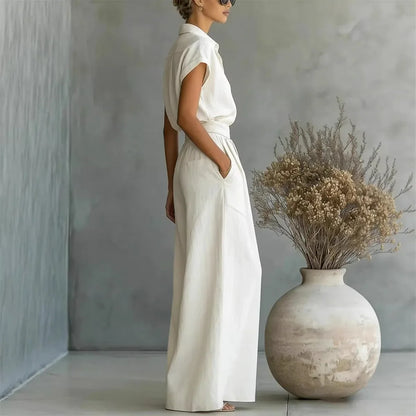 Élise - Ensemble 2 Pièces en Lin Femme Chic avec Col Chemise et Jupe Ample