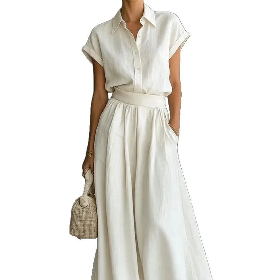 Élise - Ensemble 2 Pièces en Lin Femme Chic avec Col Chemise et Jupe Ample
