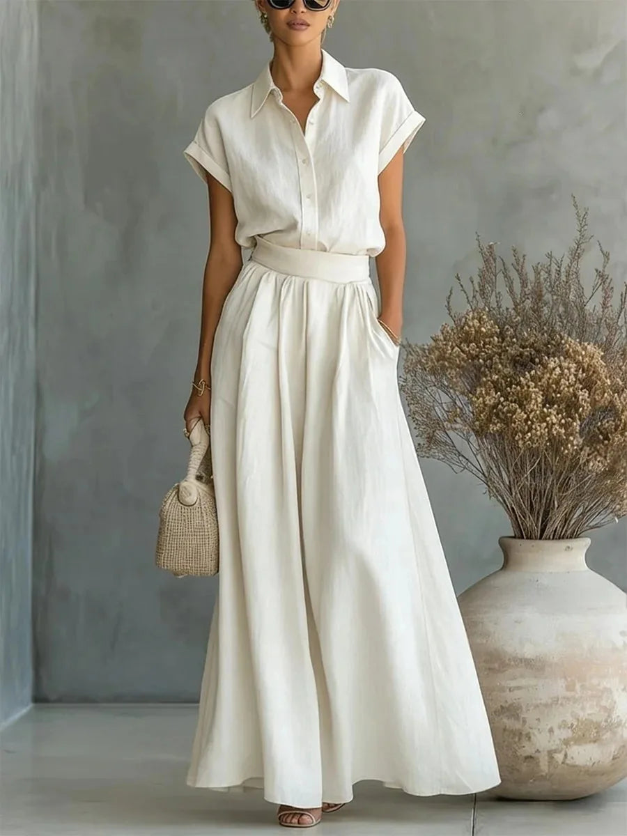 Élise - Ensemble 2 Pièces en Lin Femme Chic avec Col Chemise et Jupe Ample