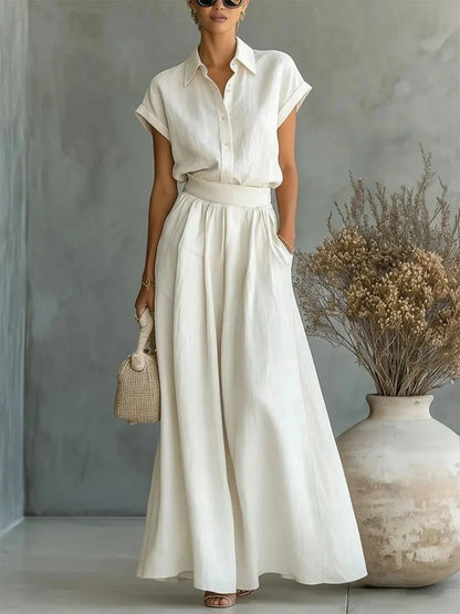 Élise - Ensemble 2 Pièces en Lin Femme Chic avec Col Chemise et Jupe Ample