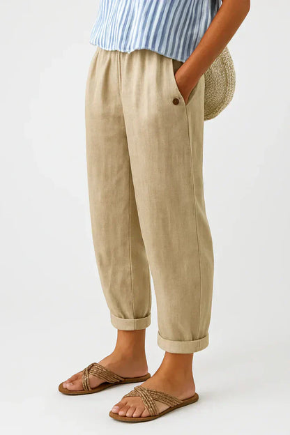 Élise - Pantalon en Lin Femme Casual Fuselé avec Revers et Taille Élastiquée