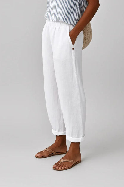 Élise - Pantalon en Lin Femme Casual Fuselé avec Revers et Taille Élastiquée
