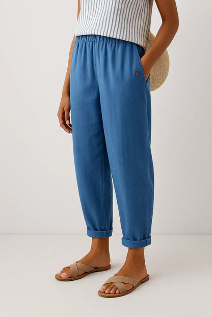 Élise - Pantalon en Lin Femme Casual Fuselé avec Revers et Taille Élastiquée