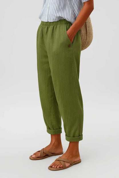 Élise - Pantalon en Lin Femme Casual Fuselé avec Revers et Taille Élastiquée