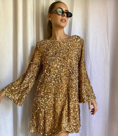 Élise - Robe d'Été Femme à Manches Longues et Paillettes avec Coupe Trapèze Tendance