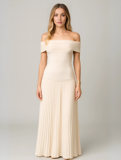 Élodie - Robe Mariage Invitée Maxi Femme Élégante avec Épaules Dénudées et Jupe Plissée
