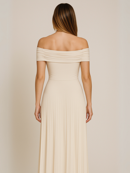 Élodie - Robe Mariage Invitée Maxi Femme Élégante avec Épaules Dénudées et Jupe Plissée
