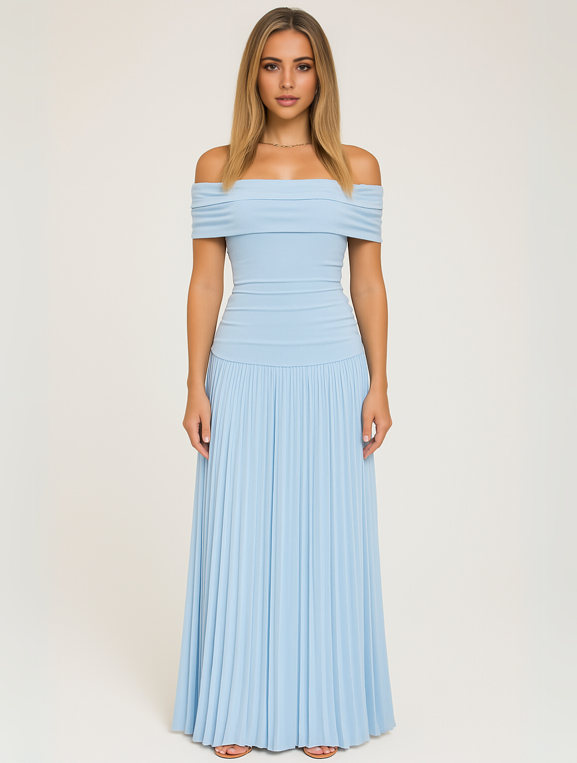 Élodie - Robe Mariage Invitée Maxi Femme Élégante avec Épaules Dénudées et Jupe Plissée