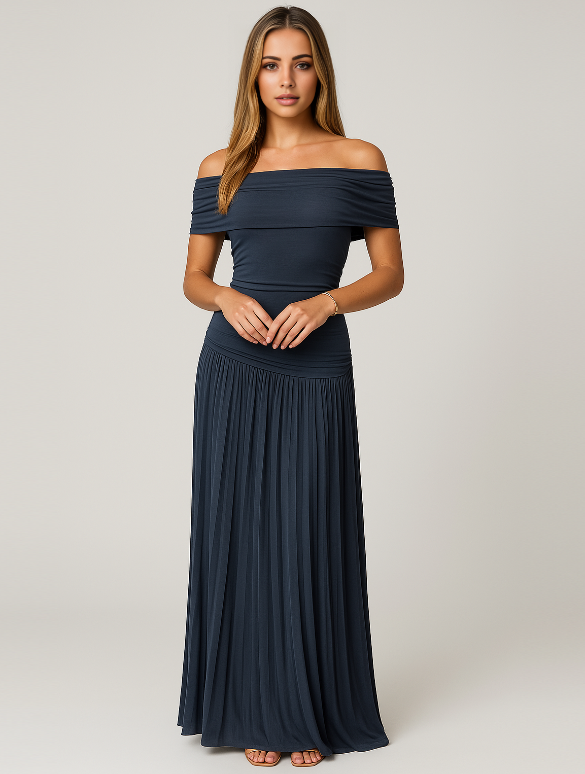Élodie - Robe Mariage Invitée Maxi Femme Élégante avec Épaules Dénudées et Jupe Plissée