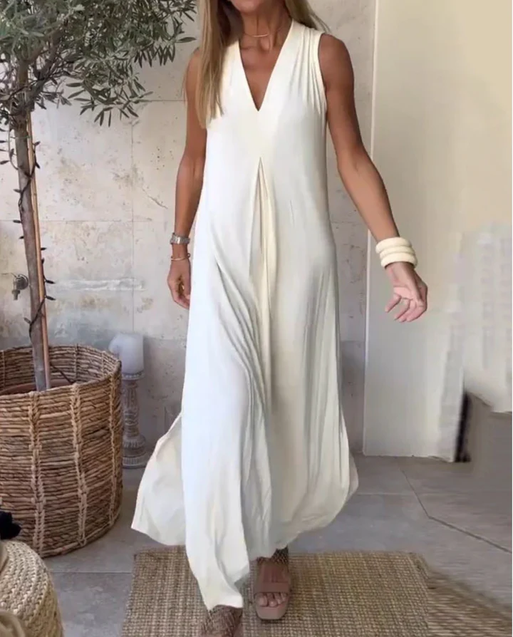Émilie - Robe Invitée Mariage Femme Bohème Longue Ample à Col V sans Manches et Fente
