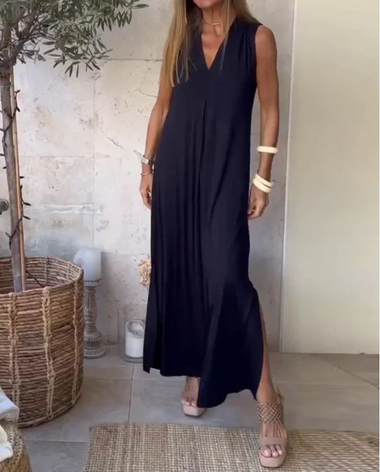 Émilie - Robe Invitée Mariage Femme Bohème Longue Ample à Col V sans Manches et Fente