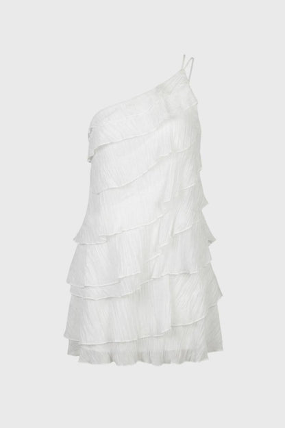 Mini Robe Femme - Asymétrique à Volants Étagés | Féminine — Blanc