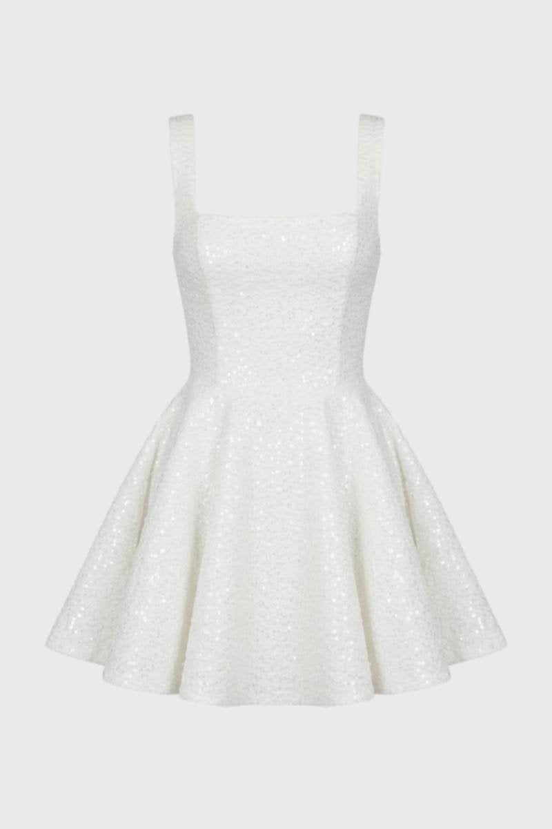 Mini Robe Femme - Pailletée Bretelles Larges | Festivités - Blanc