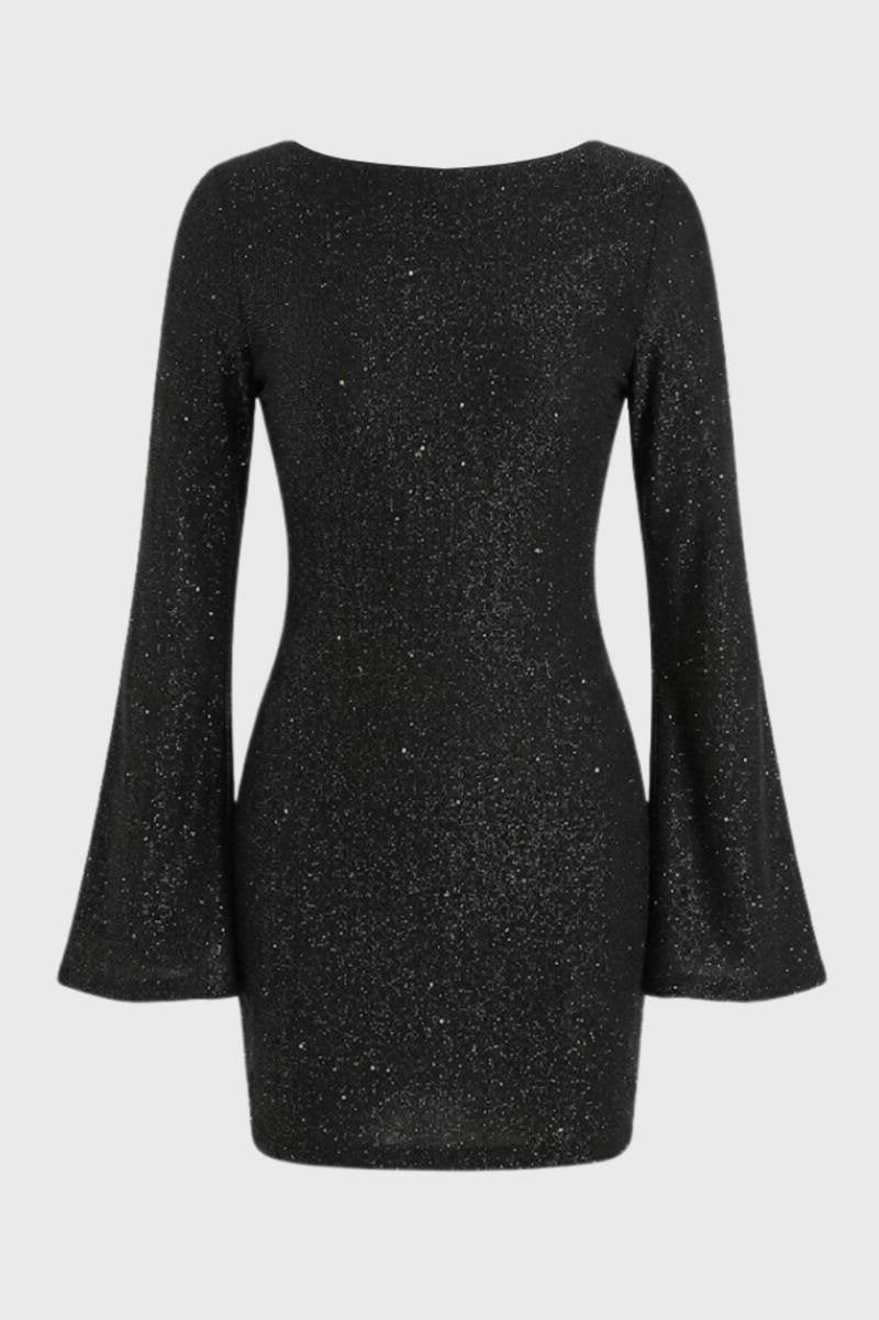Mini Robe Femme - Paillettes Manches Évasées | Festif - Noir