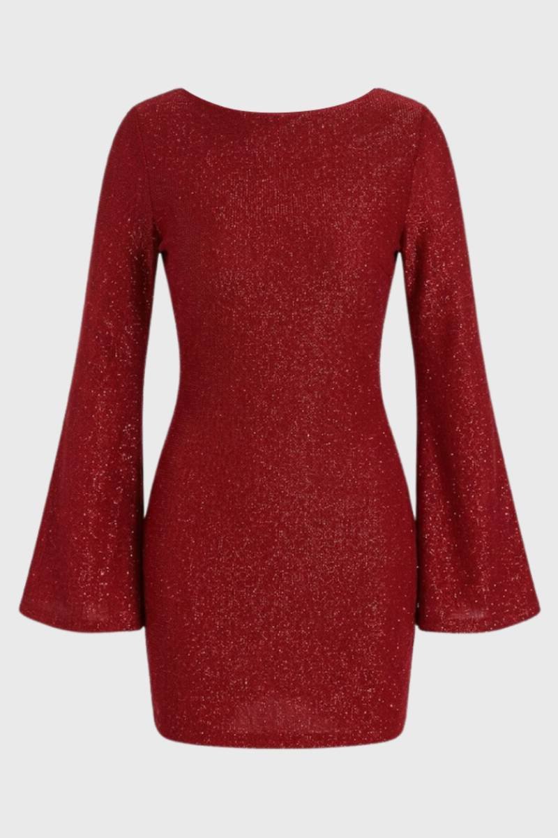 Mini Robe Femme - Paillettes Manches Évasées | Festif - Rouge