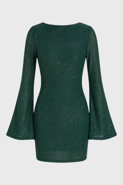 Mini Robe Femme - Paillettes Manches Évasées | Festif - Vert