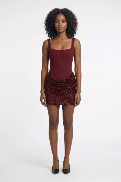 Mini Robe Femme - Sequins Bustier à Bretelles | Cocktail - Bordeaux