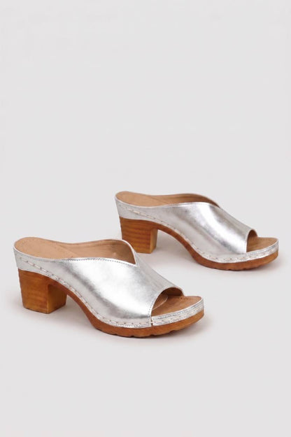 Mules Femme - Talon Bloc Bois Ouverture Frontale | Moderne — Argenté