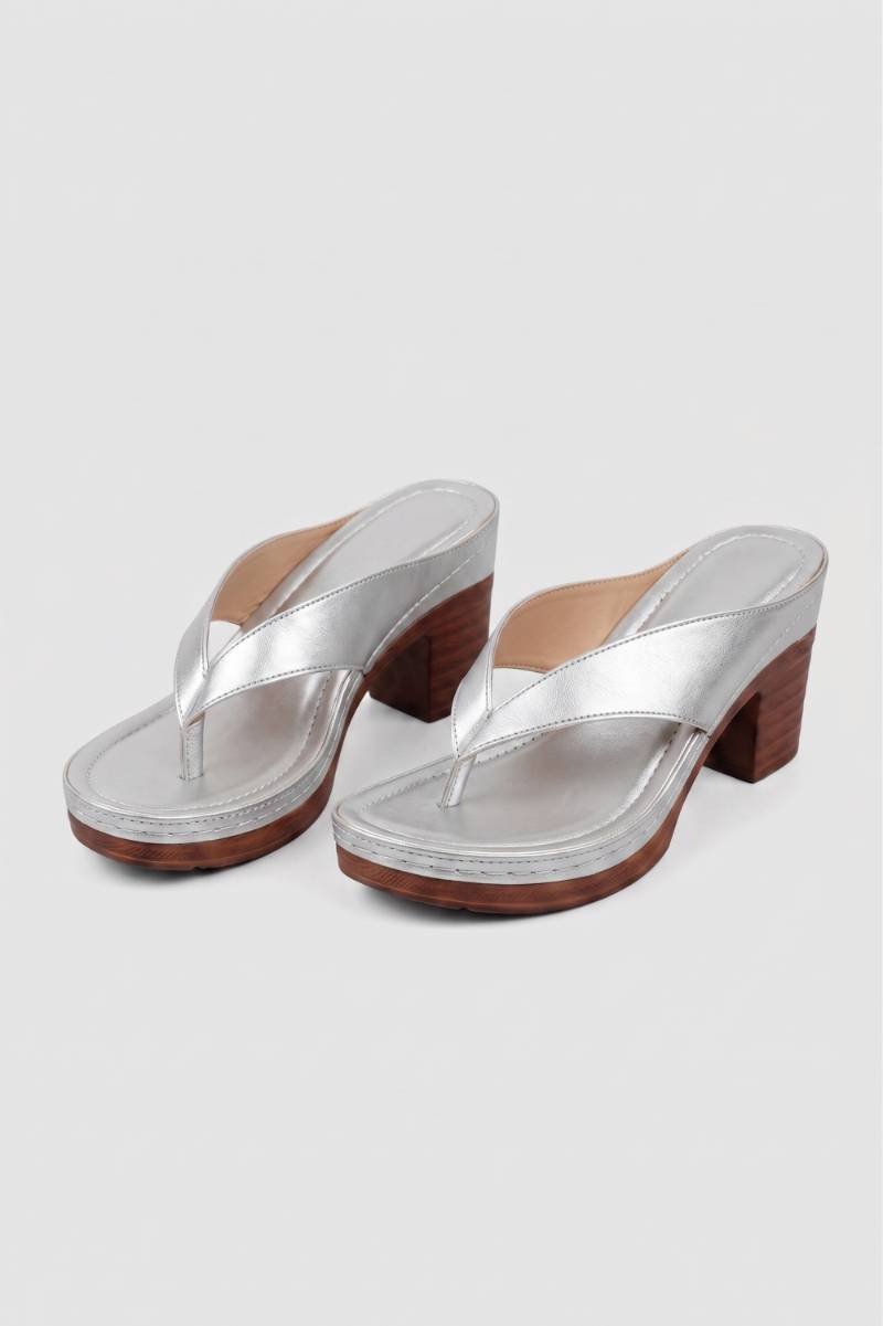 Mules Femme - Tongs Talon Bloc Plateforme Bois | Chic — Argent