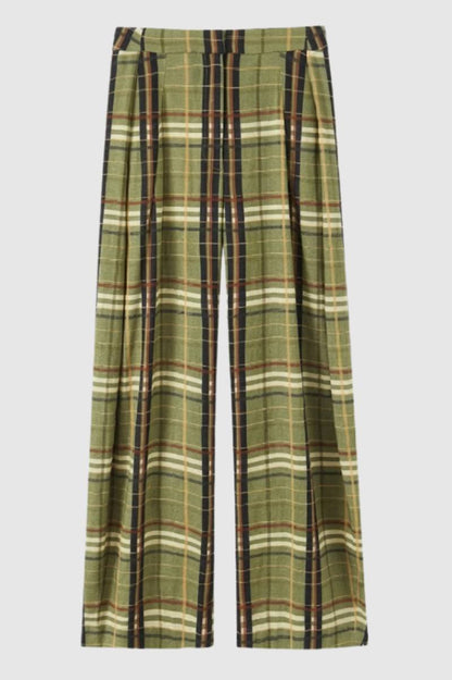 Pantalon Femme - Large à Carreaux Taille Haute | Décontracté — Vert Olive à Carreaux