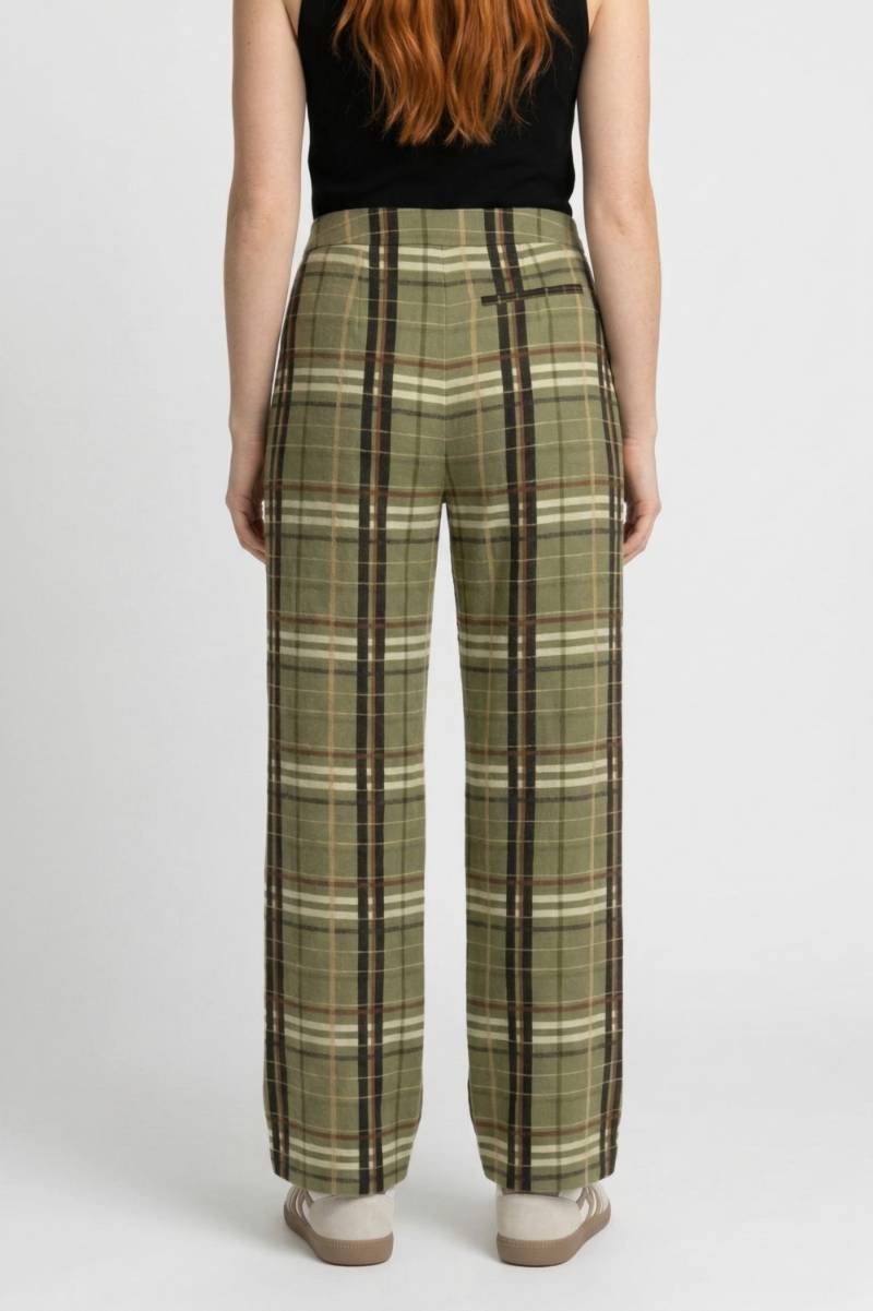 Pantalon Femme - Large à Carreaux Taille Haute | Décontracté — Vert Olive à Carreaux
