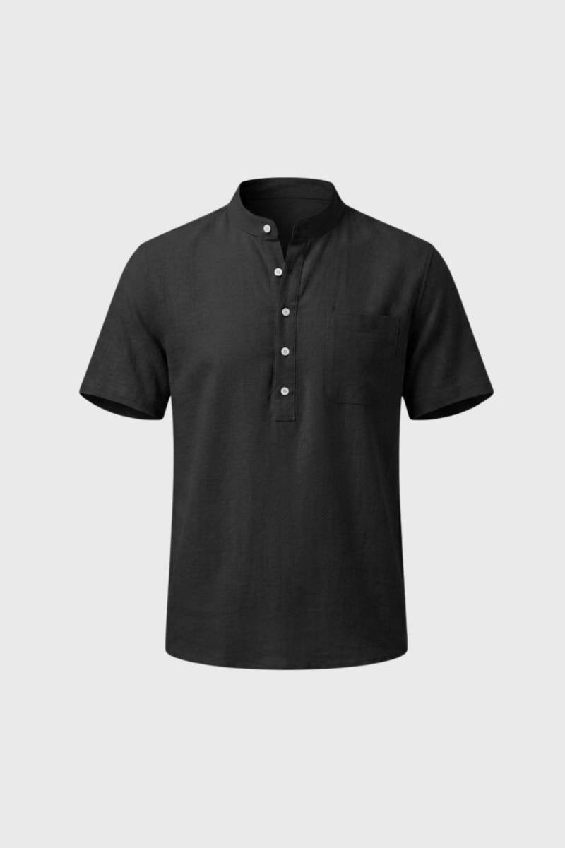 Polo Homme - Col Mao Boutons Nacre Manches Courtes | Élégant — Noir