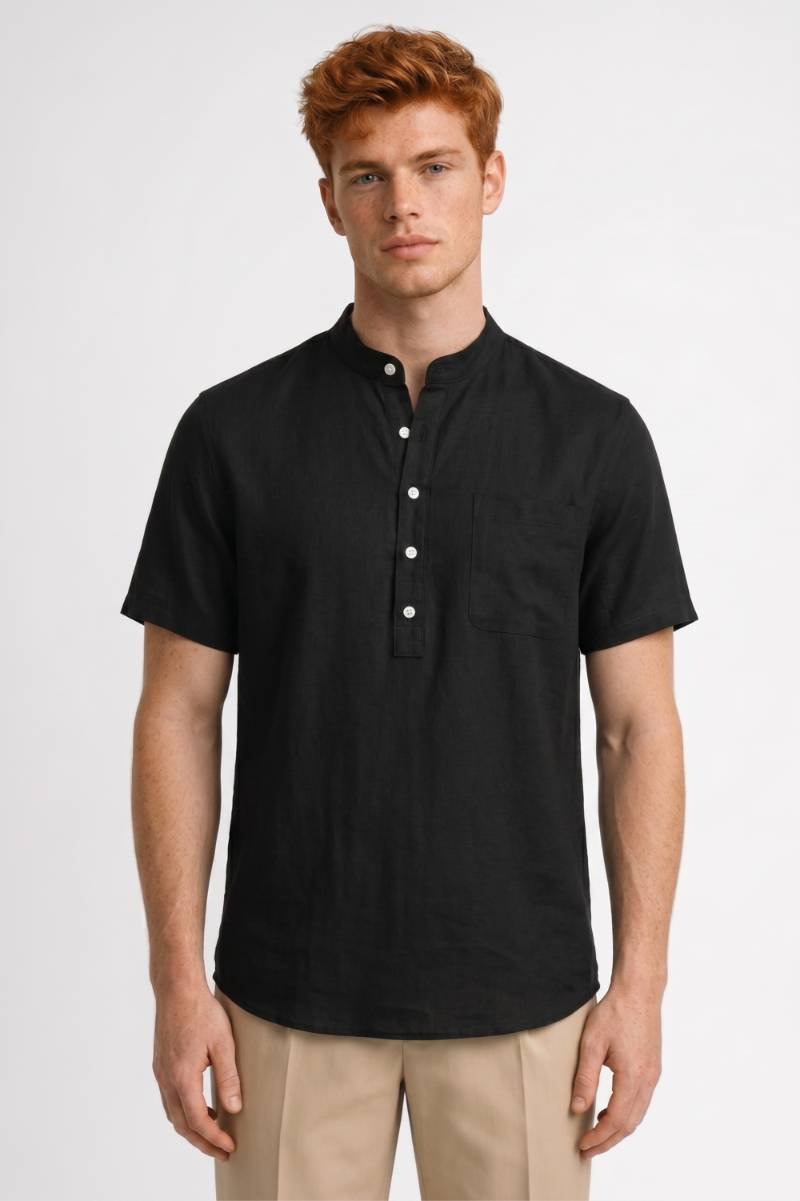 Polo Homme - Col Mao Boutons Nacre Manches Courtes | Élégant — Noir