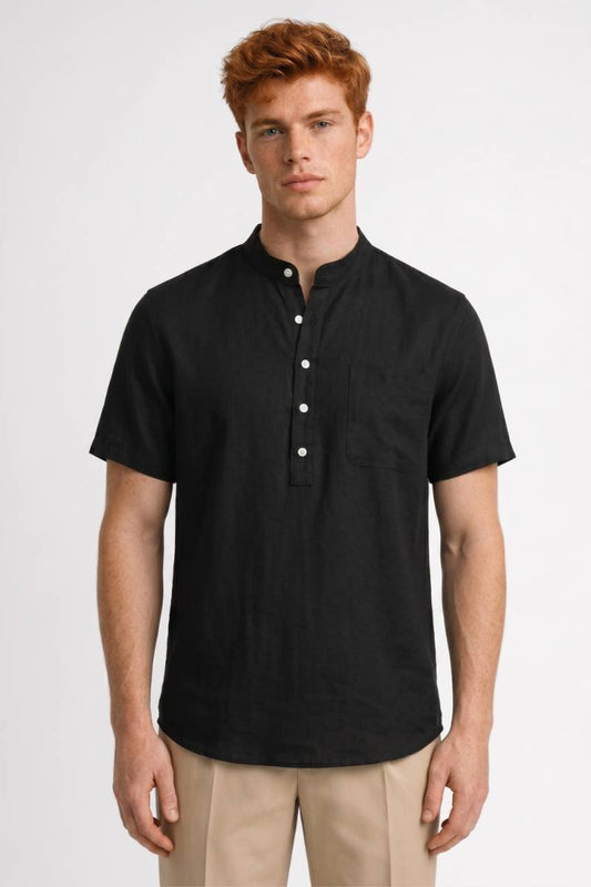 Polo Homme - Col Mao Boutons Nacre Manches Courtes | Élégant — Noir