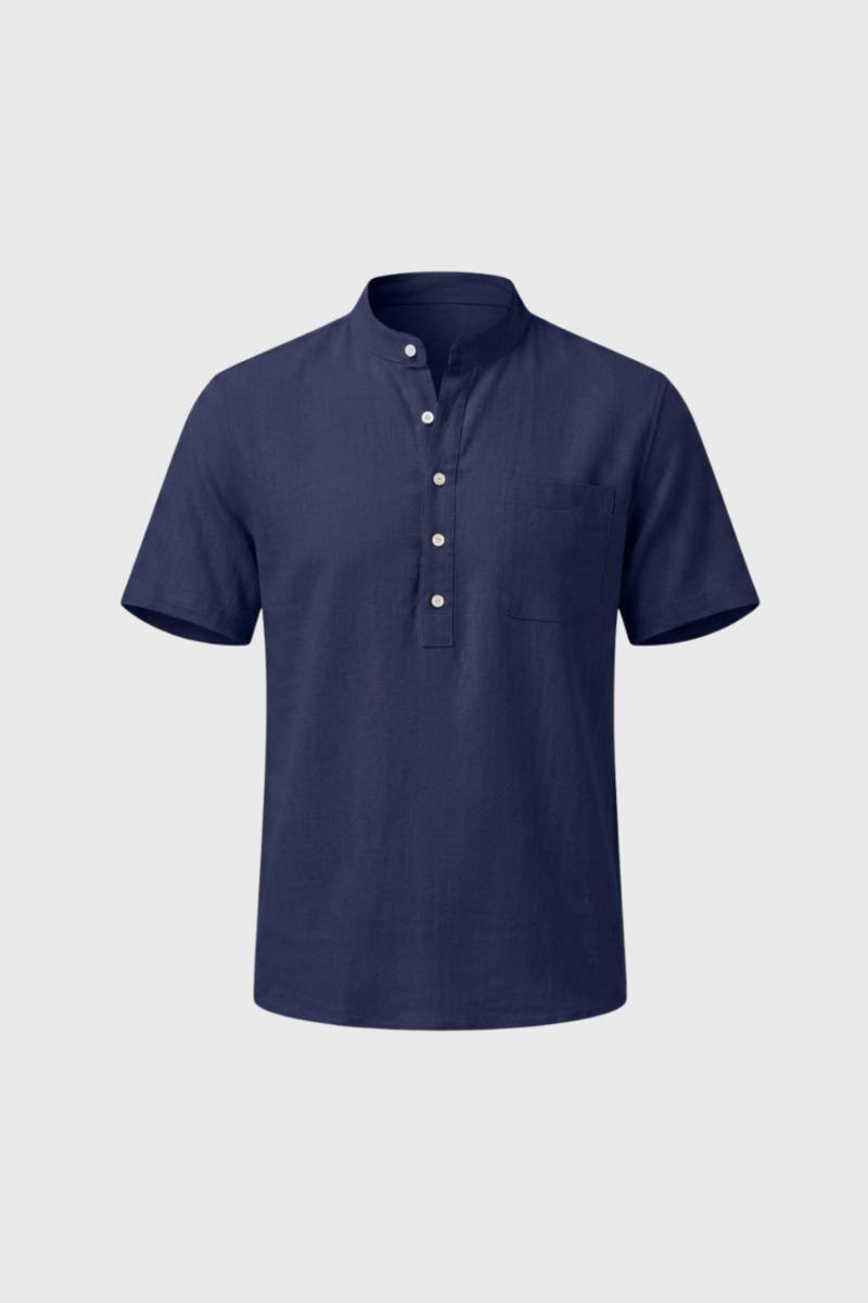 Polo Homme - Col Mao Boutons Nacre Manches Courtes | Élégant — Marine