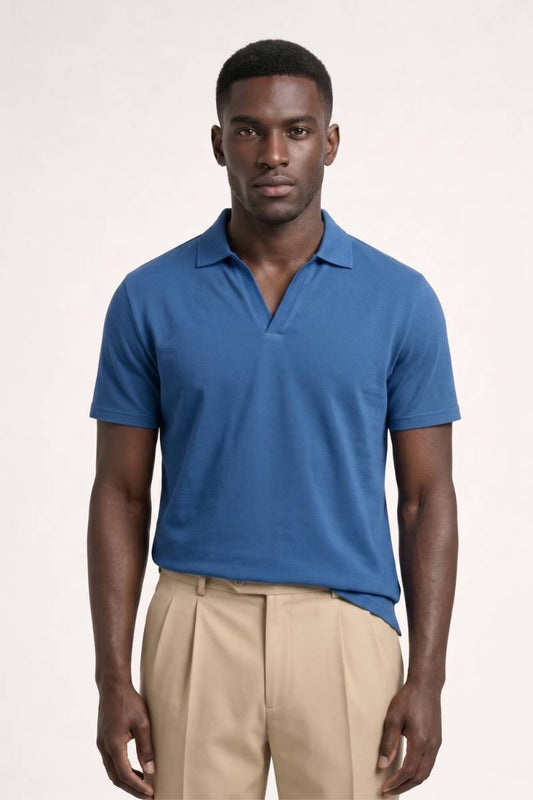 Polo Homme - Col V Profond Manches Courtes | Décontracté — Bleu