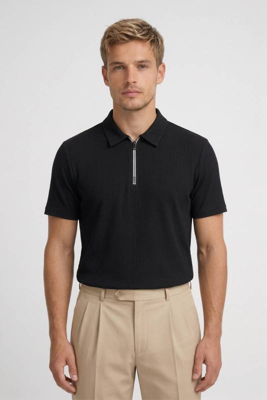 Polo Homme - Demi-Zip Côtelé | Business Décontracté - Noir