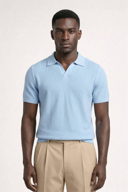 Polo Homme - Lyocell Texturé | Col Côtelé Élégant - Bleu Clair
