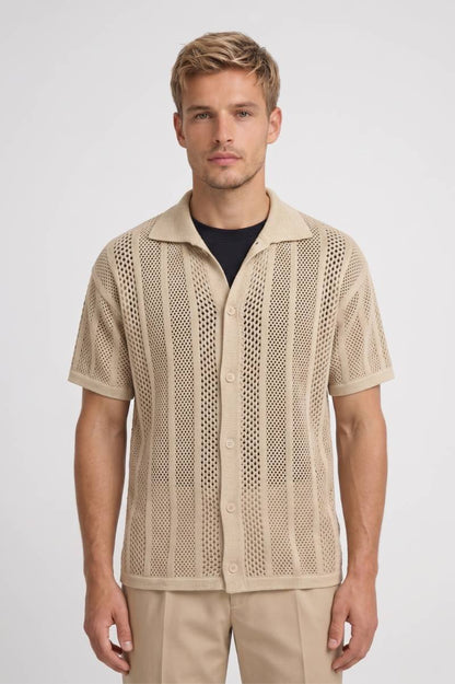 Polo Homme - Manches Courtes Col Polo Tricot Ajouré | Casual — Beige