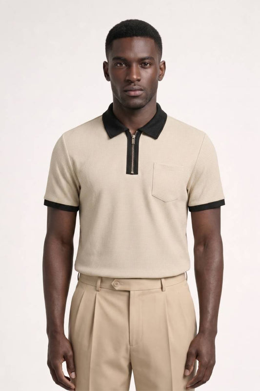Polo Homme - Texturé avec Col Contrasté | Décontracté — Beige