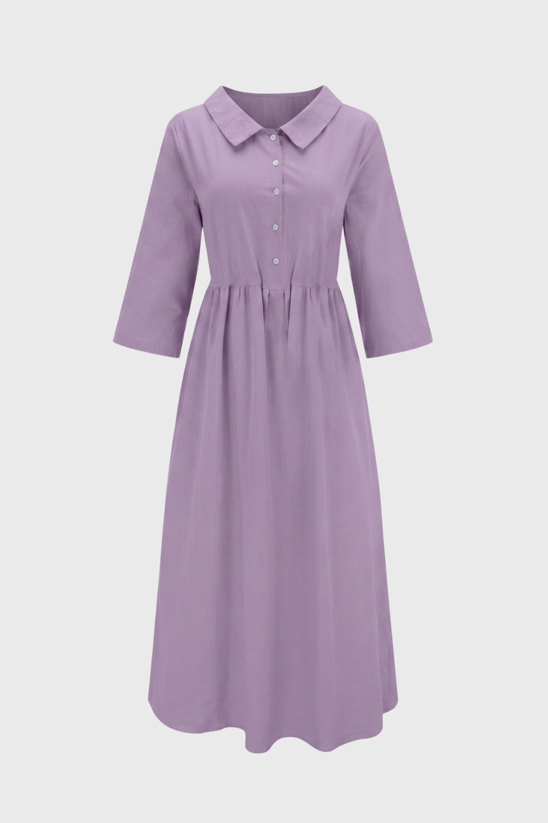 Robe Midi Femme - Col Chemise Manches 3/4 Taille Froncée | Chic