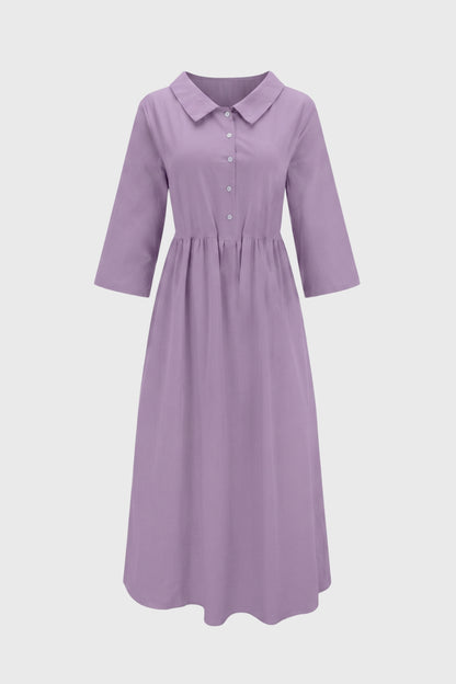 Robe Midi Femme - Col Chemise Manches 3/4 Taille Froncée | Chic