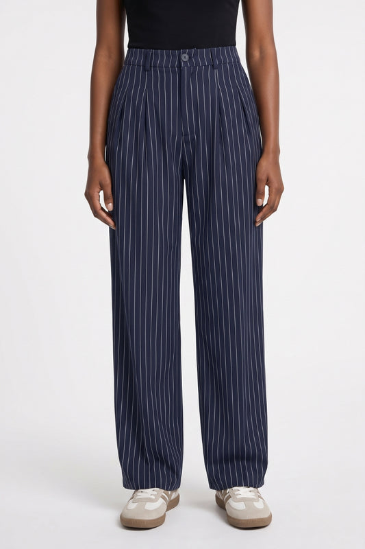 Pantalon Femme - Large Rayé Taille Haute avec Cordon | Décontracté