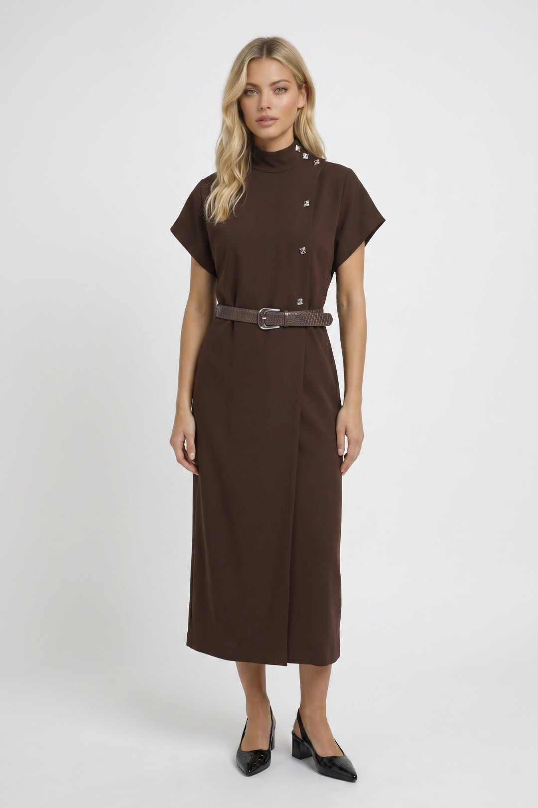 Robe midi Femme - Col Montant Boutons Dorés Ceinturée | Chic