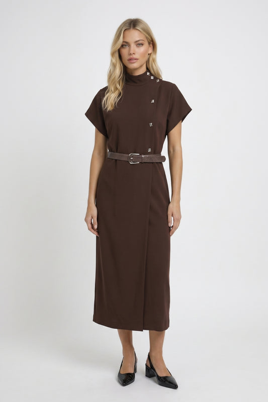 Robe midi Femme - Col Montant Boutons Dorés Ceinturée | Chic