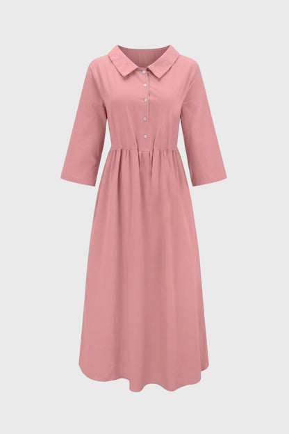 Robe Midi Femme - Col Chemise Manches 3/4 Taille Froncée | Chic