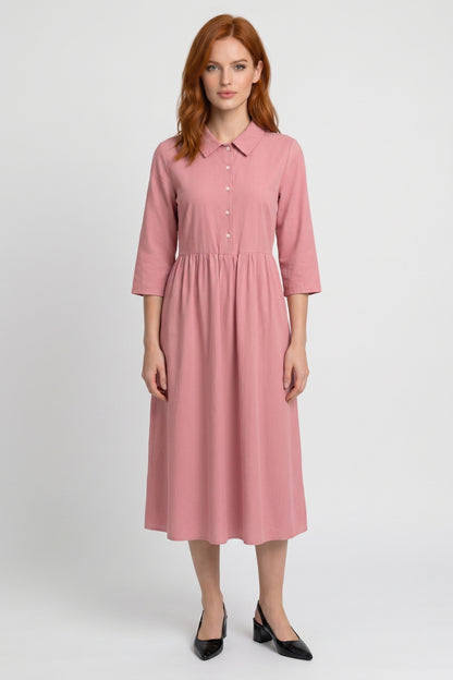 Robe Midi Femme - Col Chemise Manches 3/4 Taille Froncée | Chic