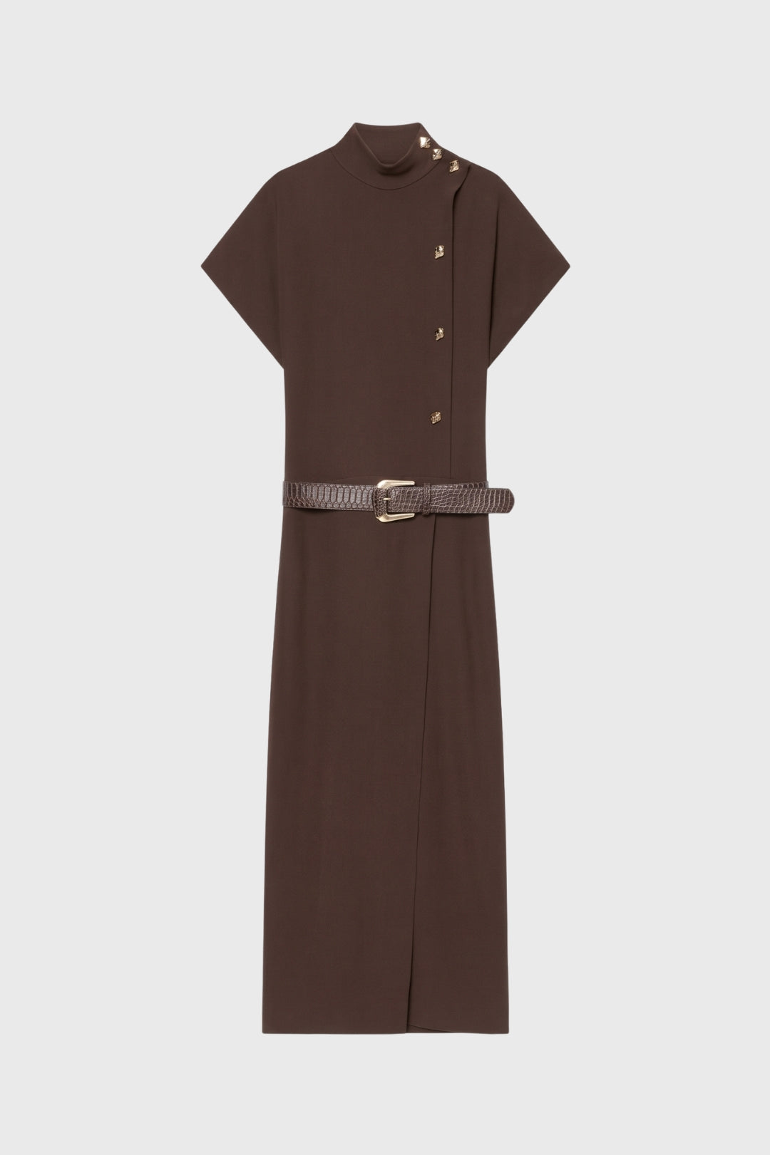 Robe midi Femme - Col Montant Boutons Dorés Ceinturée | Chic