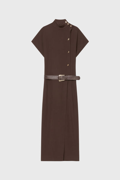 Robe midi Femme - Col Montant Boutons Dorés Ceinturée | Chic