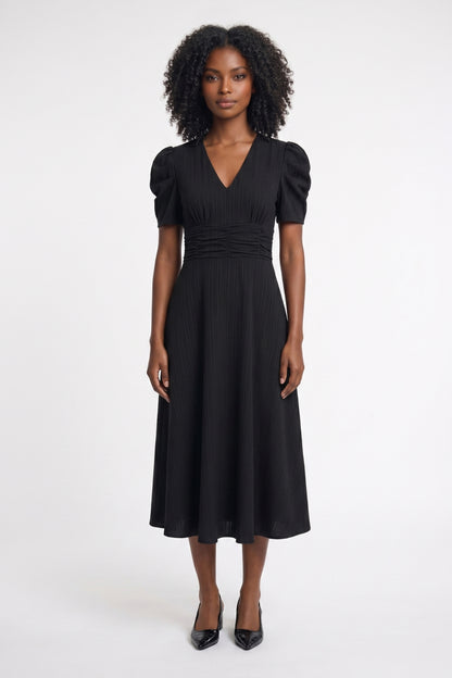Robe midi Femme - Manches Bouffantes Col V Taille Froncée | Chic