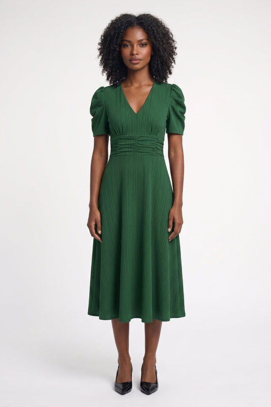 Robe midi Femme - Manches Bouffantes Col V Taille Froncée | Chic