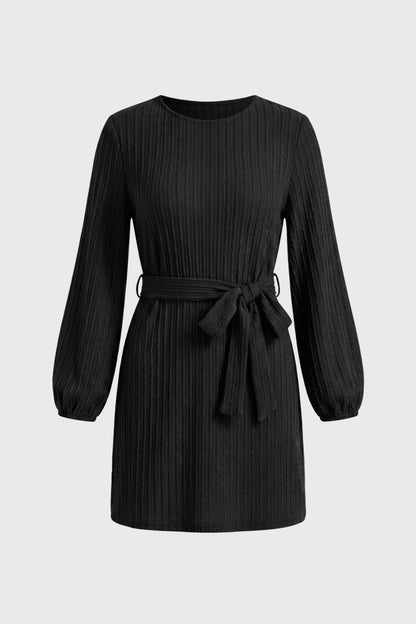 Robe Mini Femme - Côtelée Manches Bouffantes | Ceinture Nouée