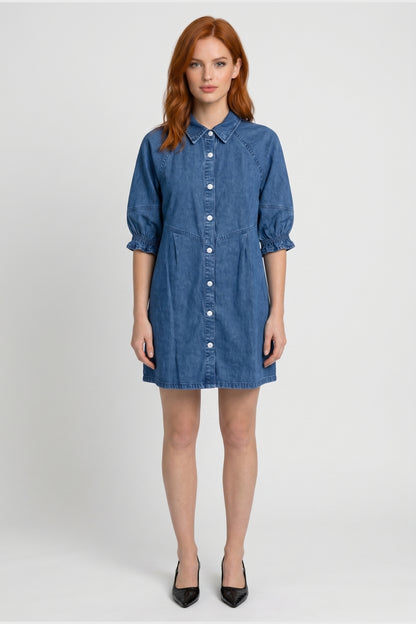 Robe Mini Femme - Chemise Boutonnée Manches Froncées | Casual