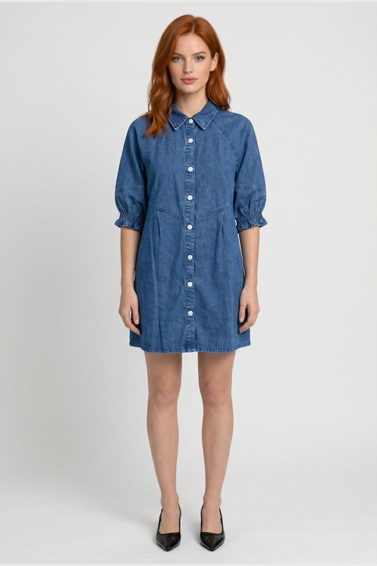 Robe Mini Femme - Chemise Boutonnée Manches Froncées | Casual